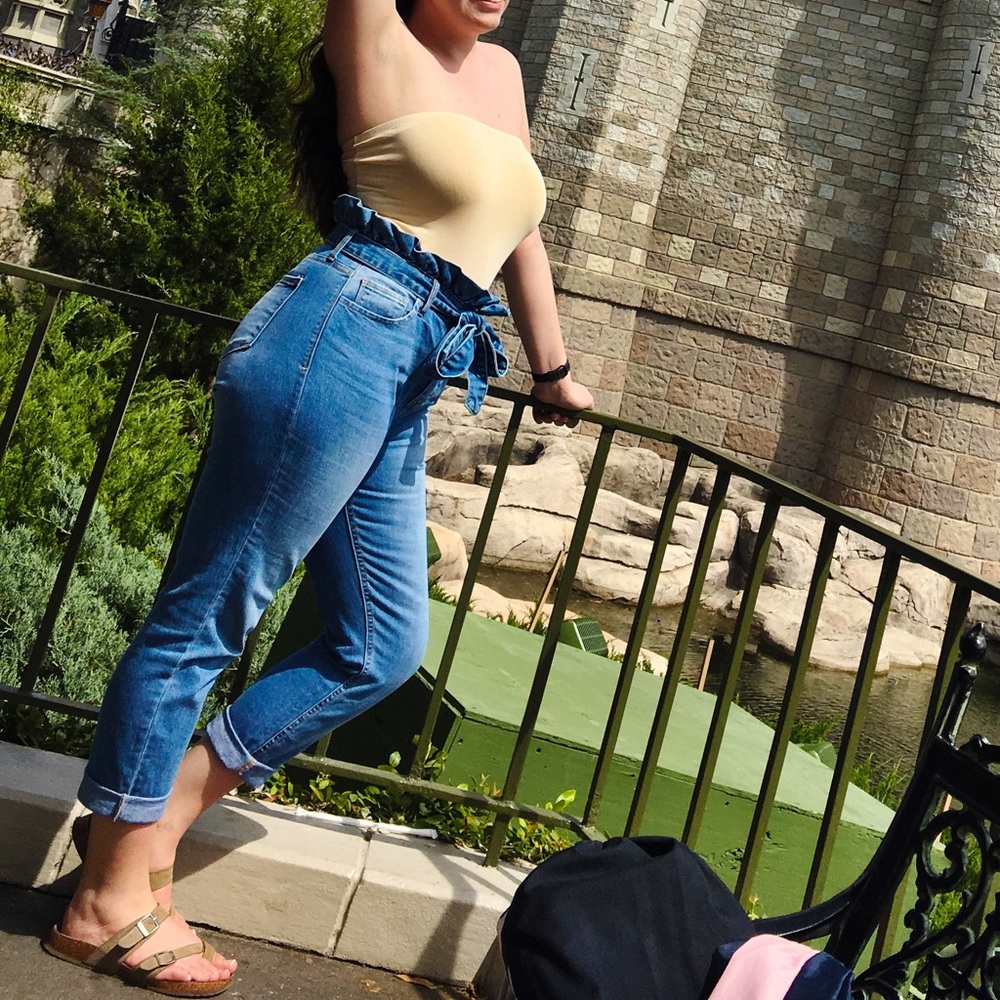 High waisted paper bag tie jeans
